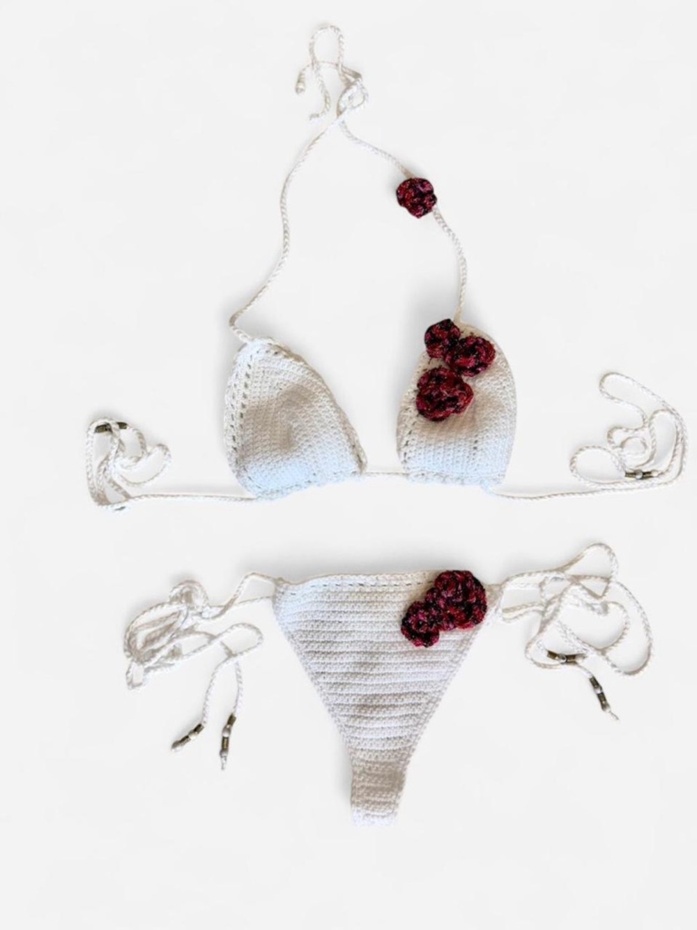 White Crochet Bikini Set with Pink Floral Accents